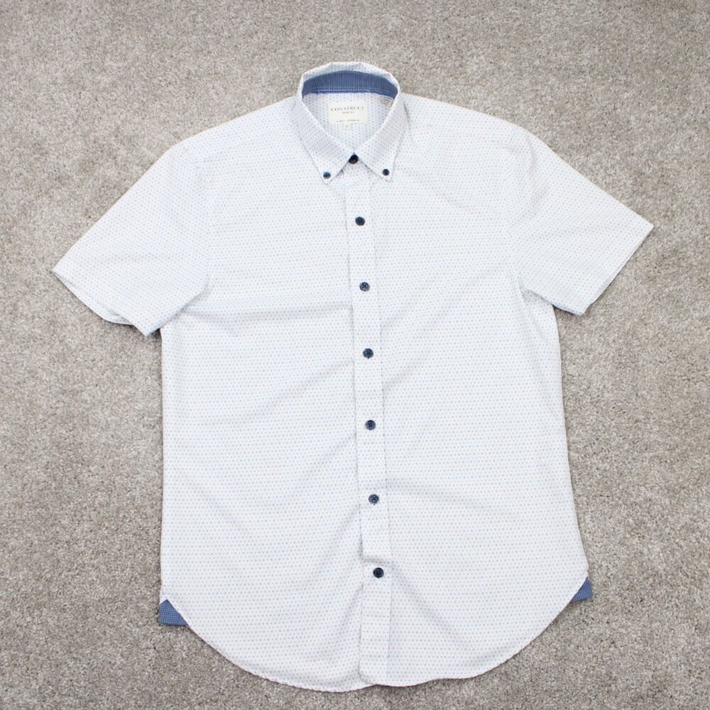 Construct Shirt Mens Small White/Blue Geometric Slim Fit 4 Way‎ Stretch S/S
